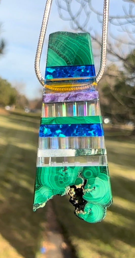 Malachite, blue opal, green zebra jasper, dichroicglass, purple charoite  ￼