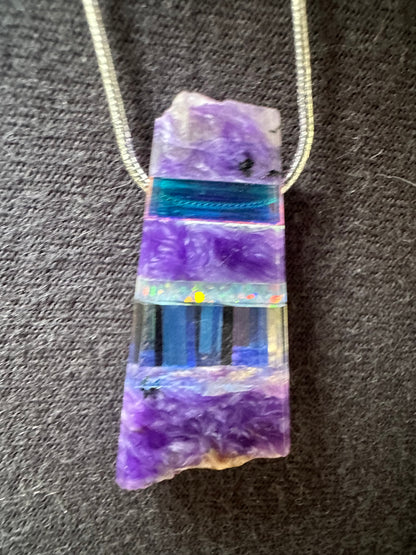 Purple charoite opal and dichroic glass