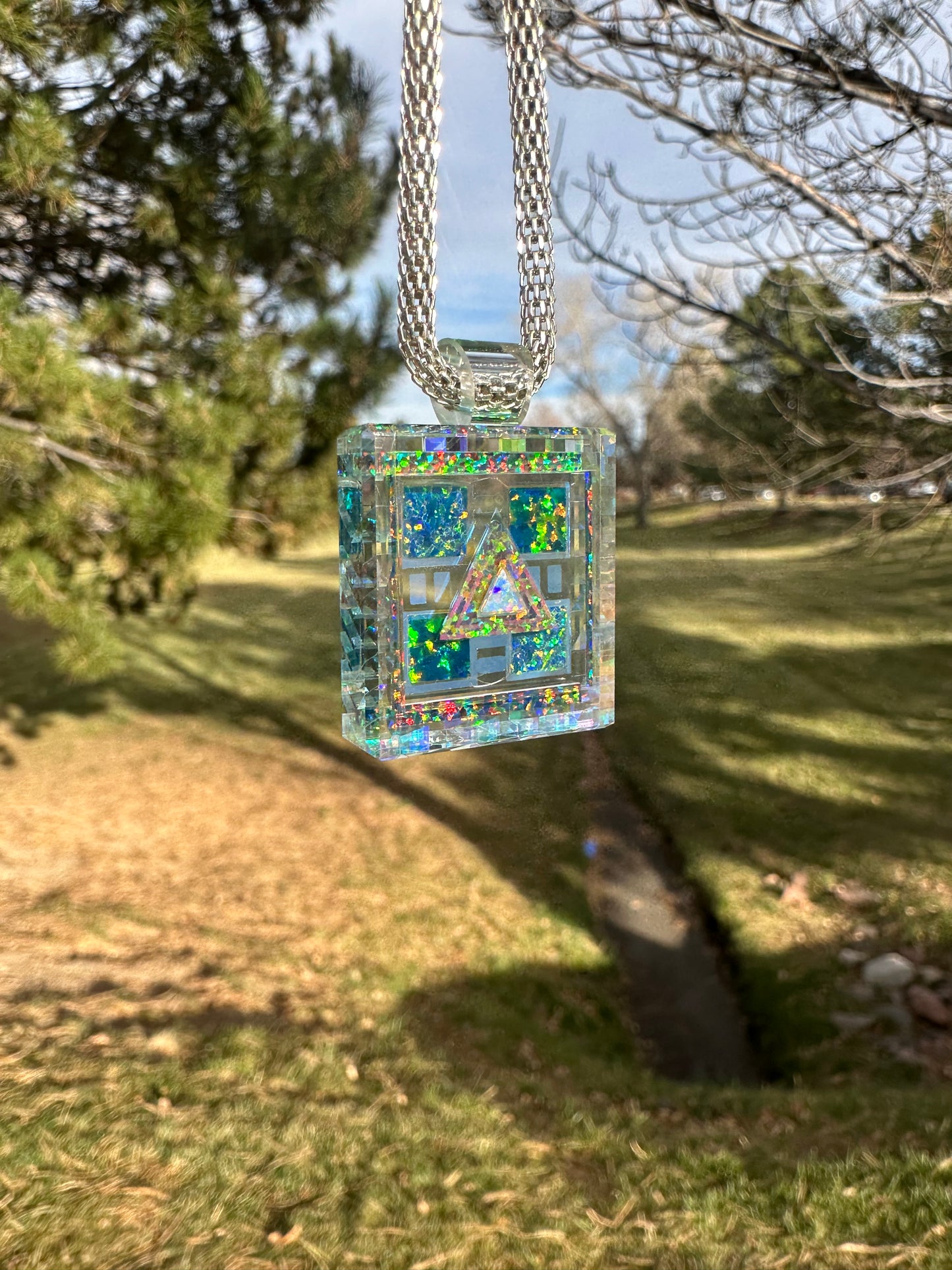 Dichroic glass/image and opal pendant