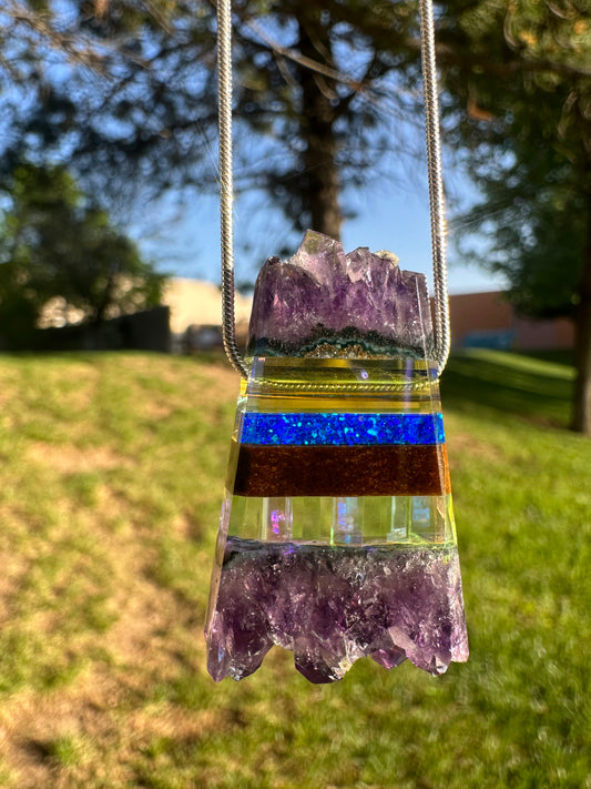 Amethyst, tigers, eye, blue opal, and dichroic glass