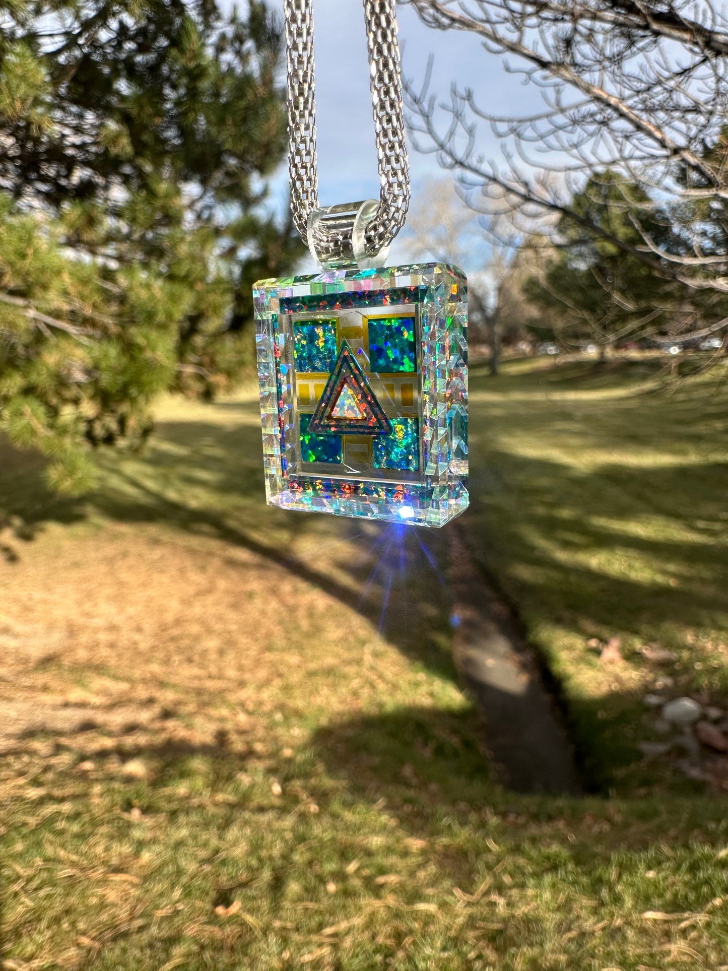 Dichroic glass/image and opal pendant