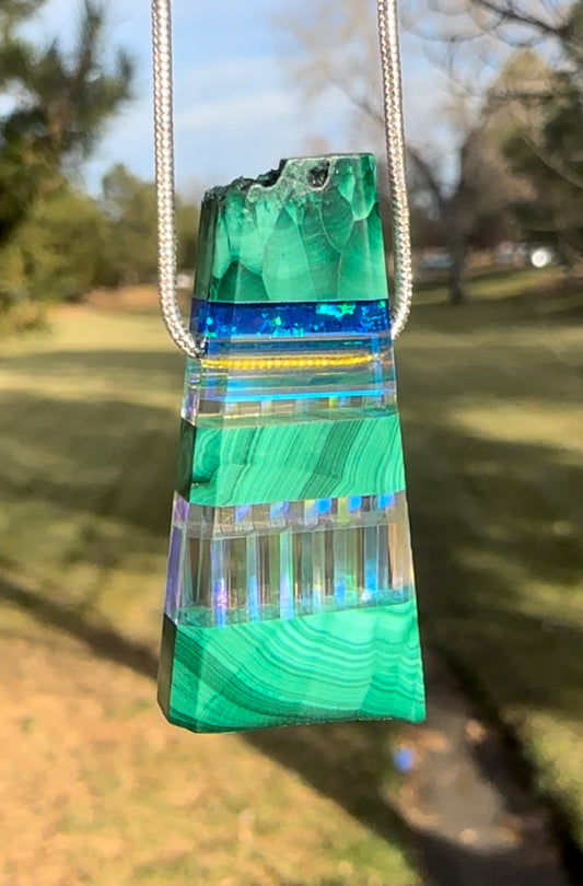 Malachite, dichroic glass, blue opal