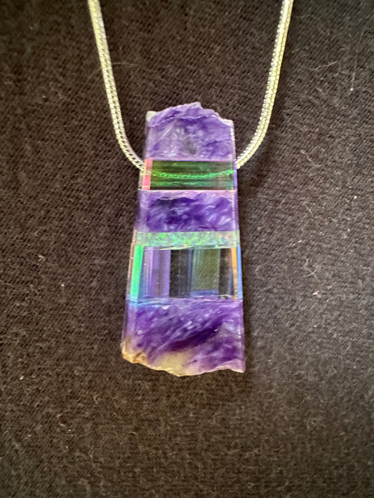 Purple charoite opal and dichroic glass