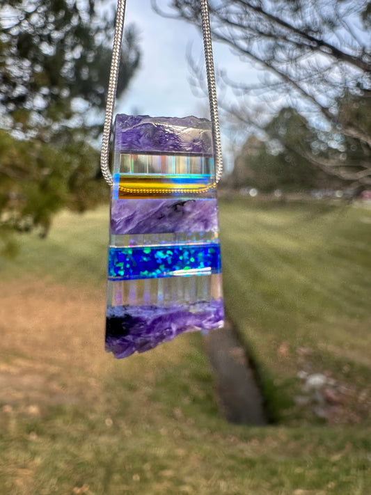 Purple charoite/blue opal/ dichroic glass