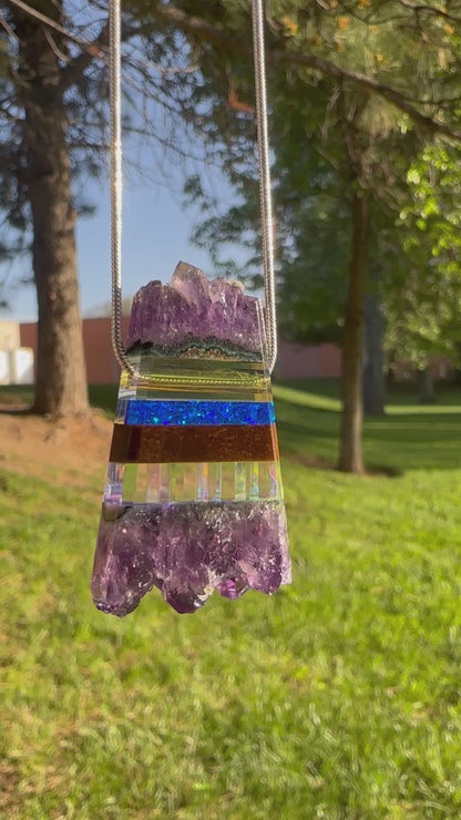 Amethyst, tigers, eye, blue opal, and dichroic glass